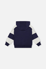 Hooded Striped Fleece Cardigan Dark Blue and Beige