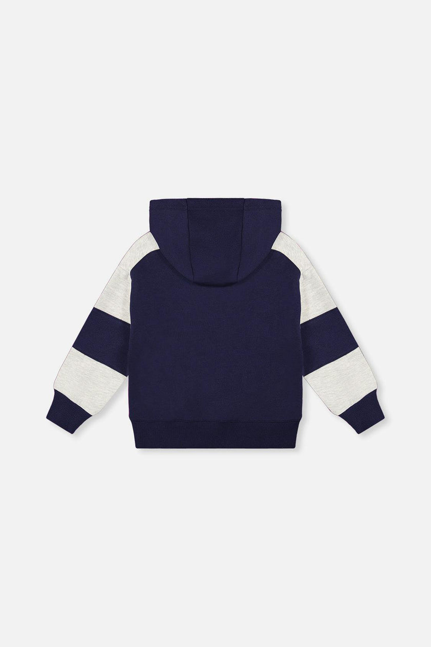 Hooded Striped Fleece Cardigan Dark Blue and Beige