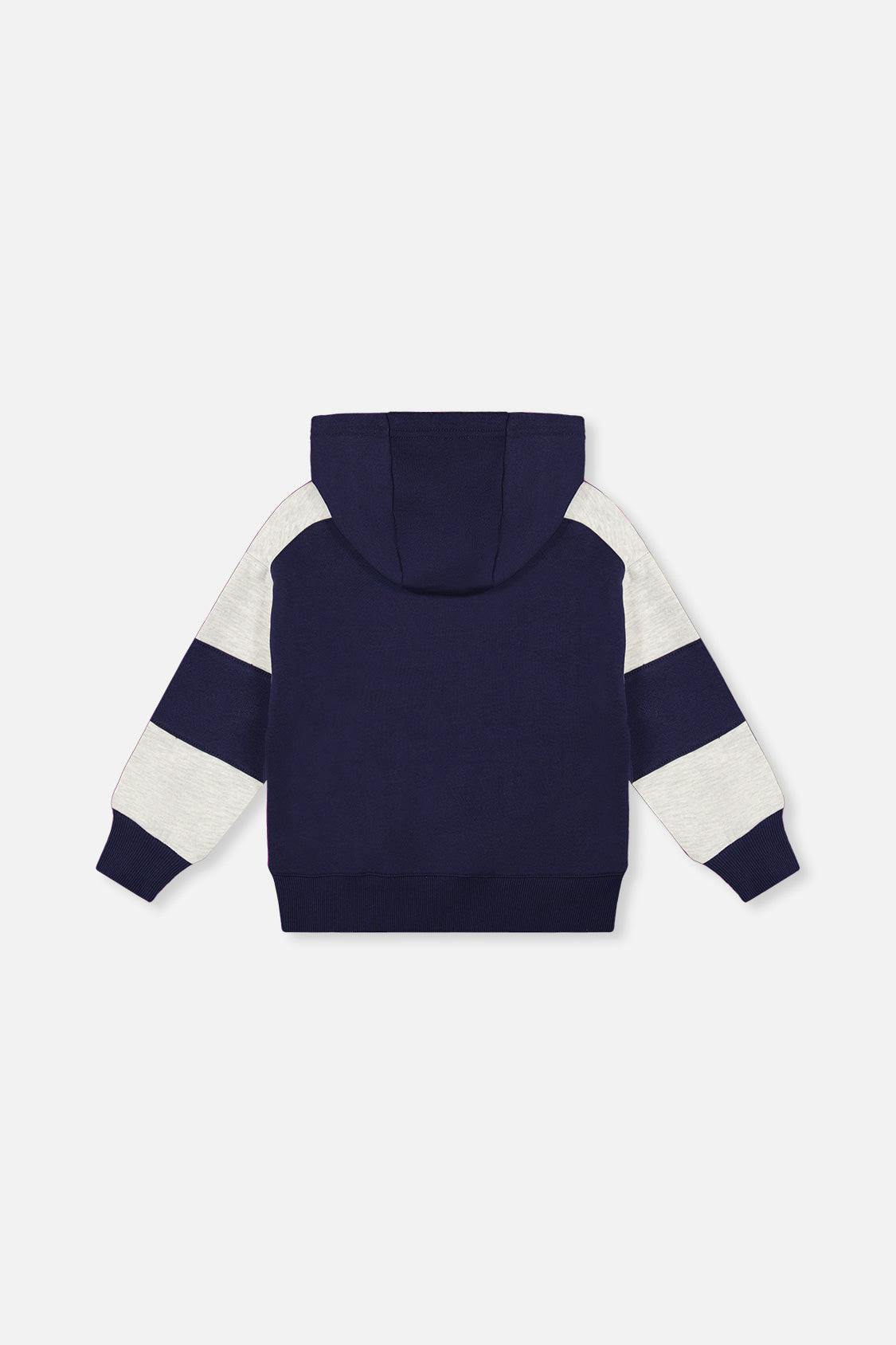 Hooded Striped Fleece Cardigan Dark Blue and Beige