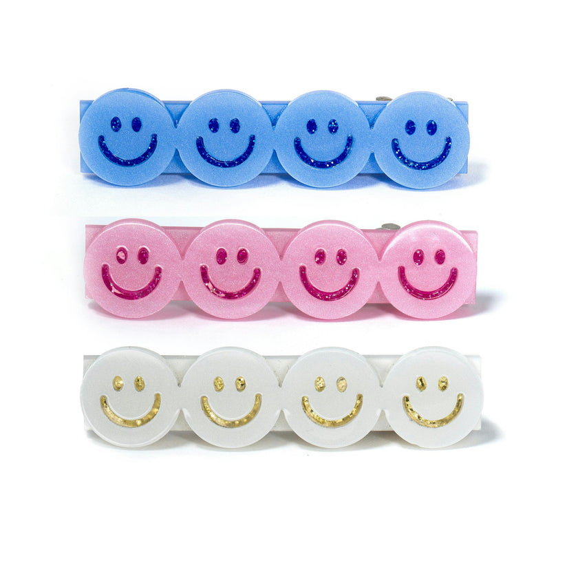 Happy Faces Satin Blue White Pink Hair Clips