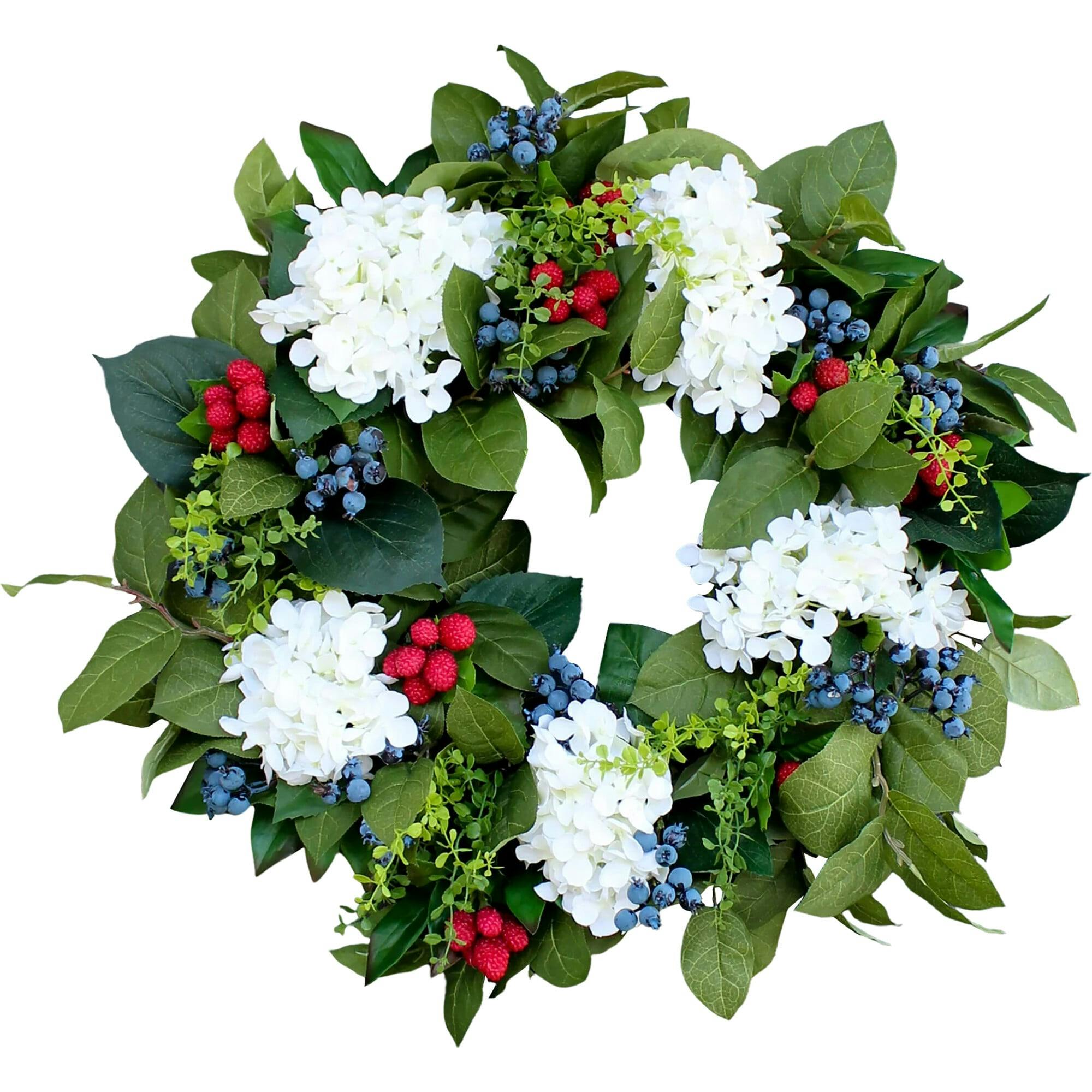 Williamsburg Style Americana Fruit Wreath with Hydrangea, Raspberry & Blueberry Summer Front Door Wreath