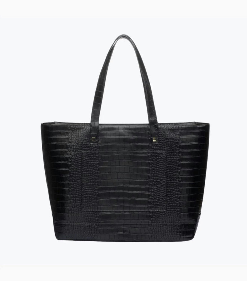 Vegan Leather Work Tote Bag with Removable Insulated Pouch, Black Croc
