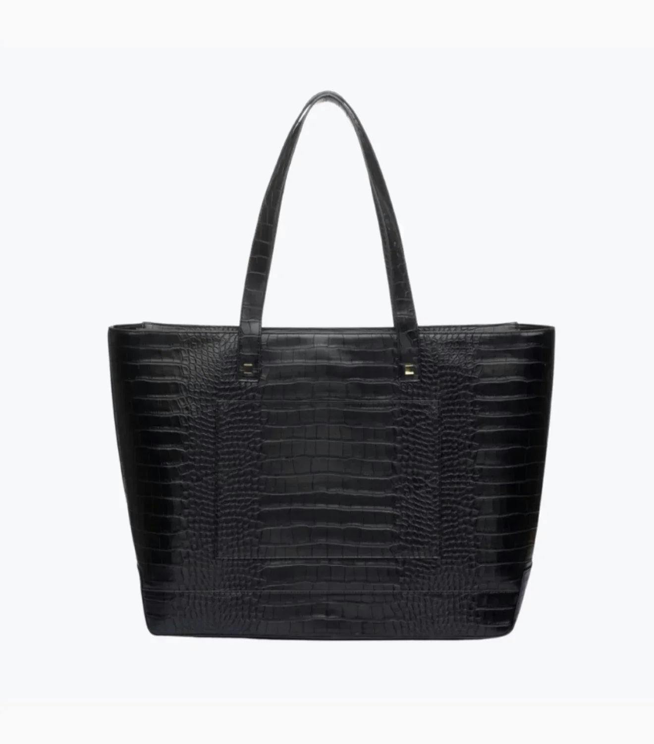 Vegan Leather Work Tote Bag with Removable Insulated Pouch, Black Croc