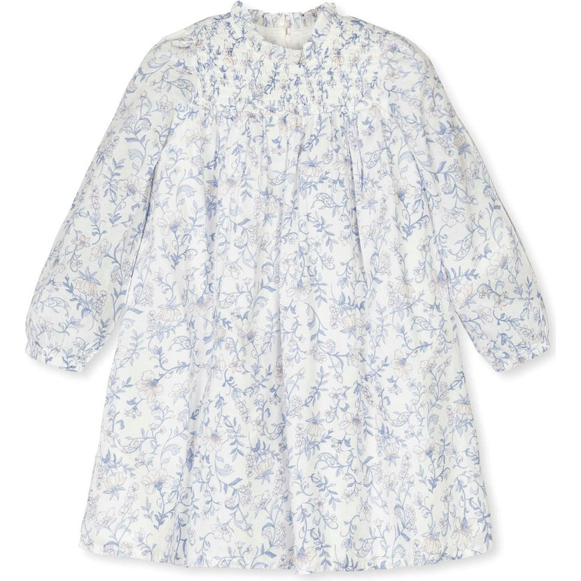 Organic Long Sleeve Ruffle Neck Smocked Yoke Dress, White