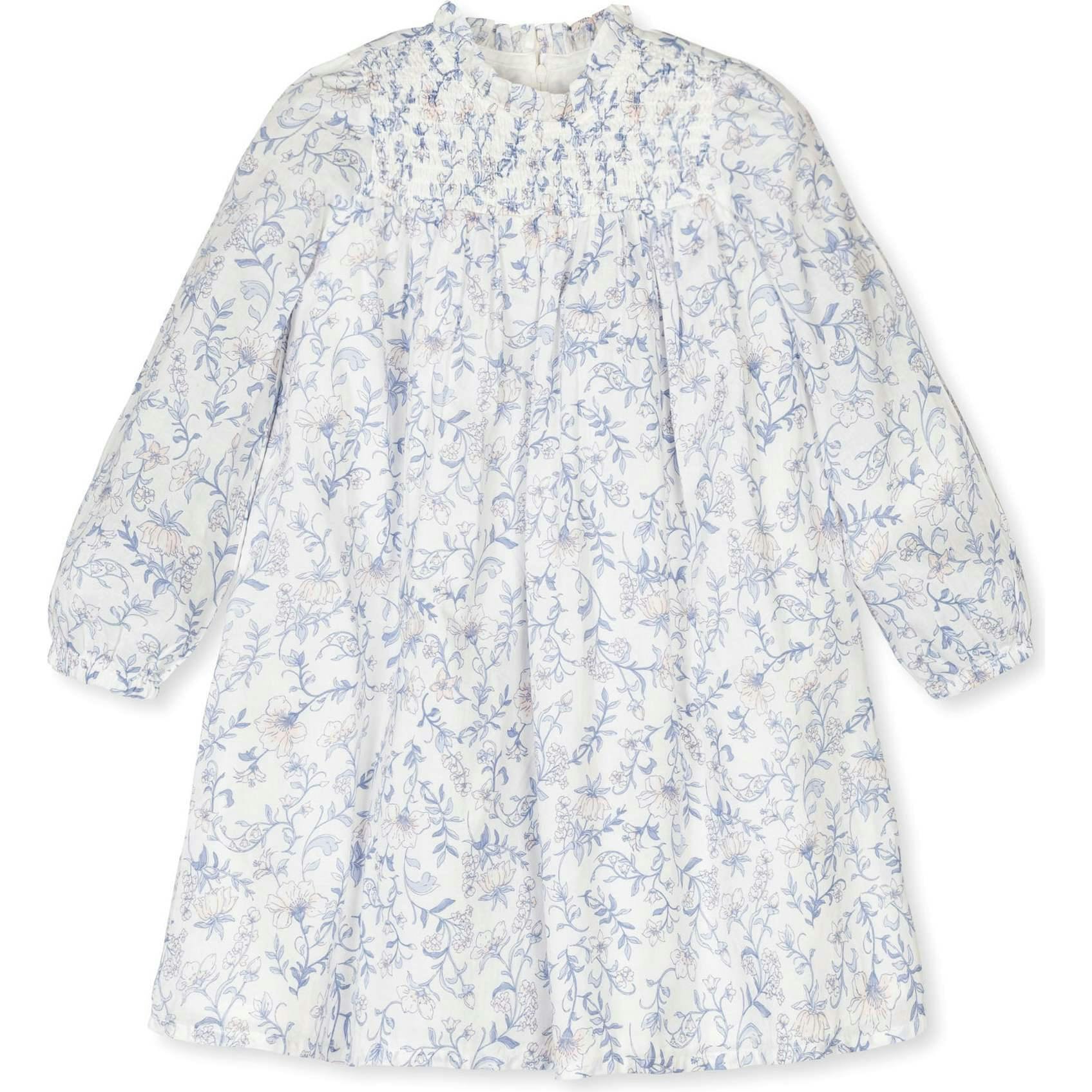 Organic Long Sleeve Ruffle Neck Smocked Yoke Dress, White