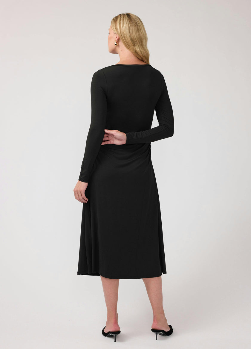 Ruched Long Sleeve Mock Neck Maternity Midi Dress