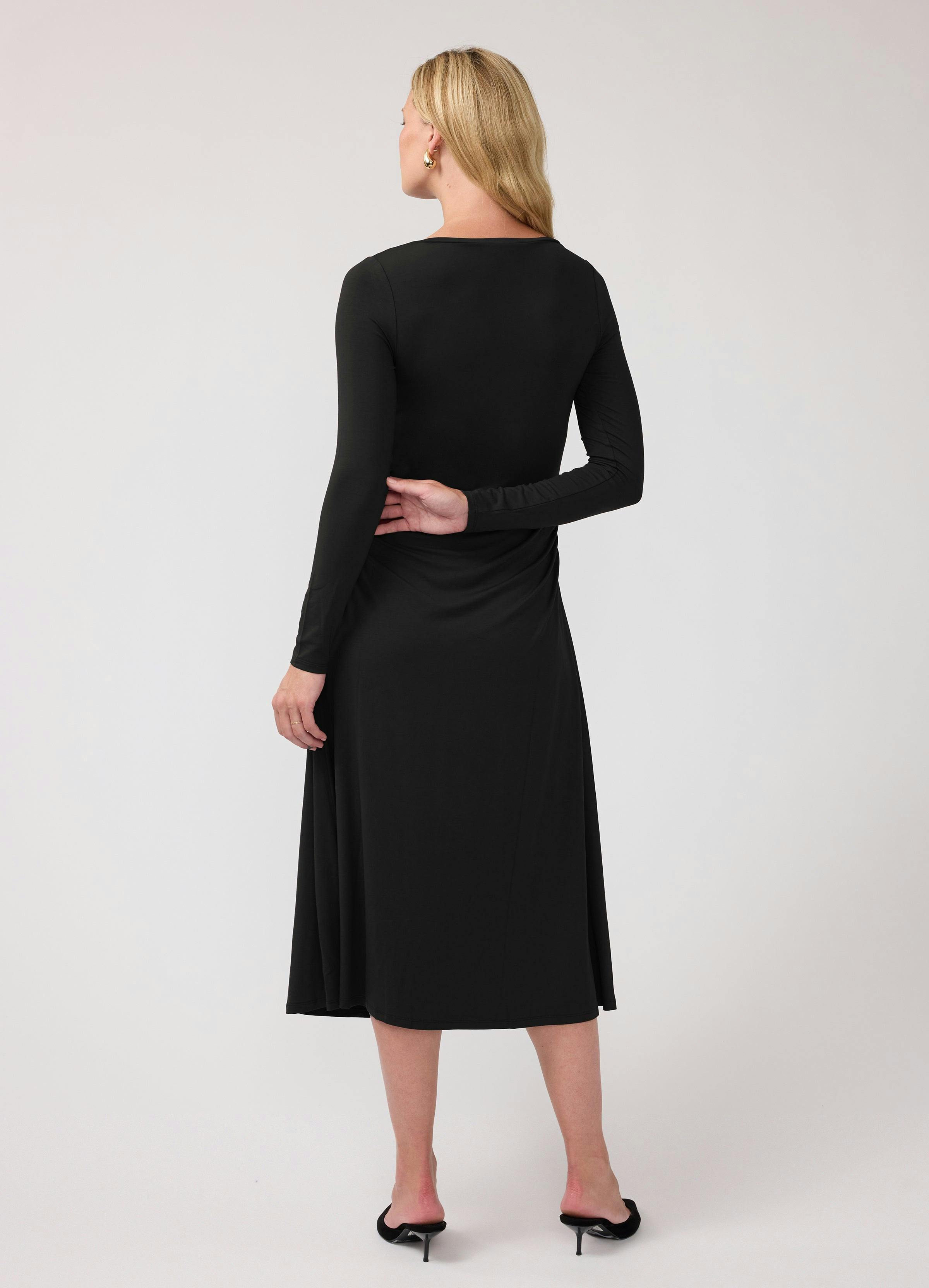 Ruched Long Sleeve Mock Neck Maternity Midi Dress