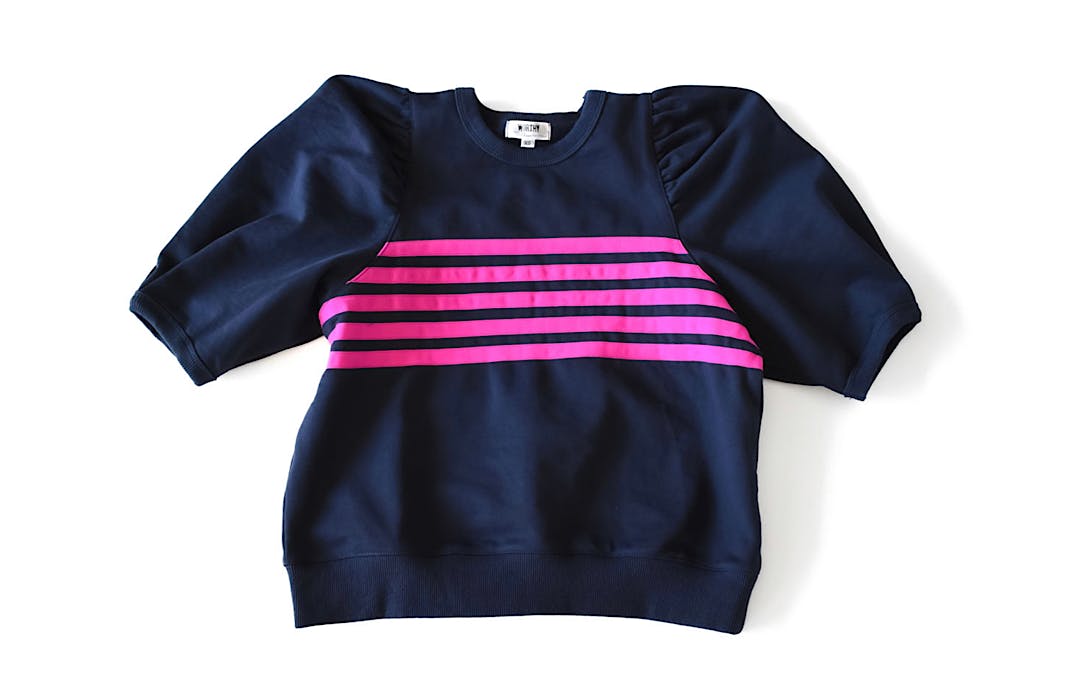 Adult Puff Sleeve Crew Neck in Navy with Magenta Stripes