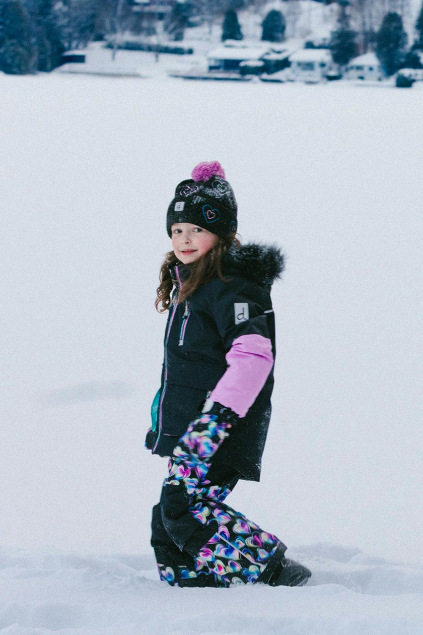 Two Piece Play Snowsuit Black, Blue And Pink Colorblock With Heart Print Pants