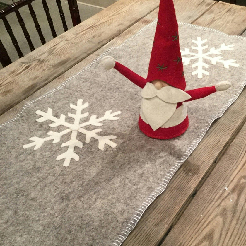 Gray Hand Felted Wool Christmas Table Runner - Snowflakes - 16"x44" Arcadia Home