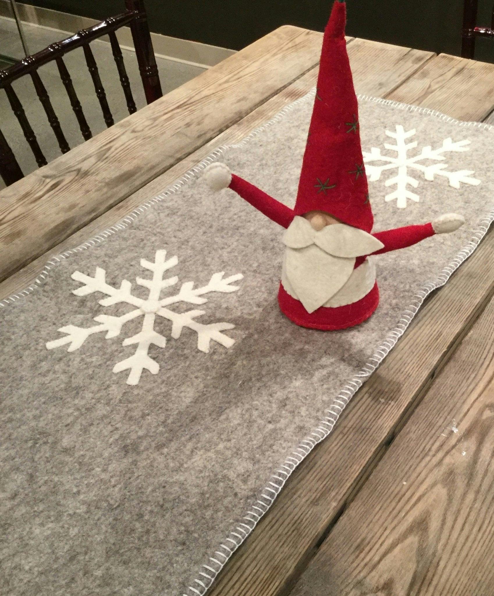 Gray Hand Felted Wool Christmas Table Runner - Snowflakes - 16