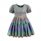 Retro Iridescent Puff-Sleeve Dress