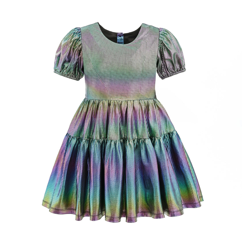 Retro Iridescent Puff-Sleeve Dress