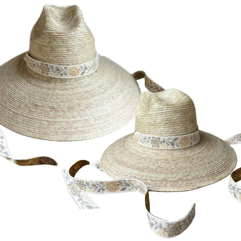 Mommy & Me Sun Hat Set - Hollyhock & Petunia - Long Sun-Dried Dahlia Ribbon