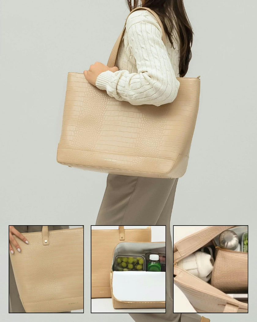 Vegan Leather Work Tote Bag with Removable Insulated Pouch, Cream Croc