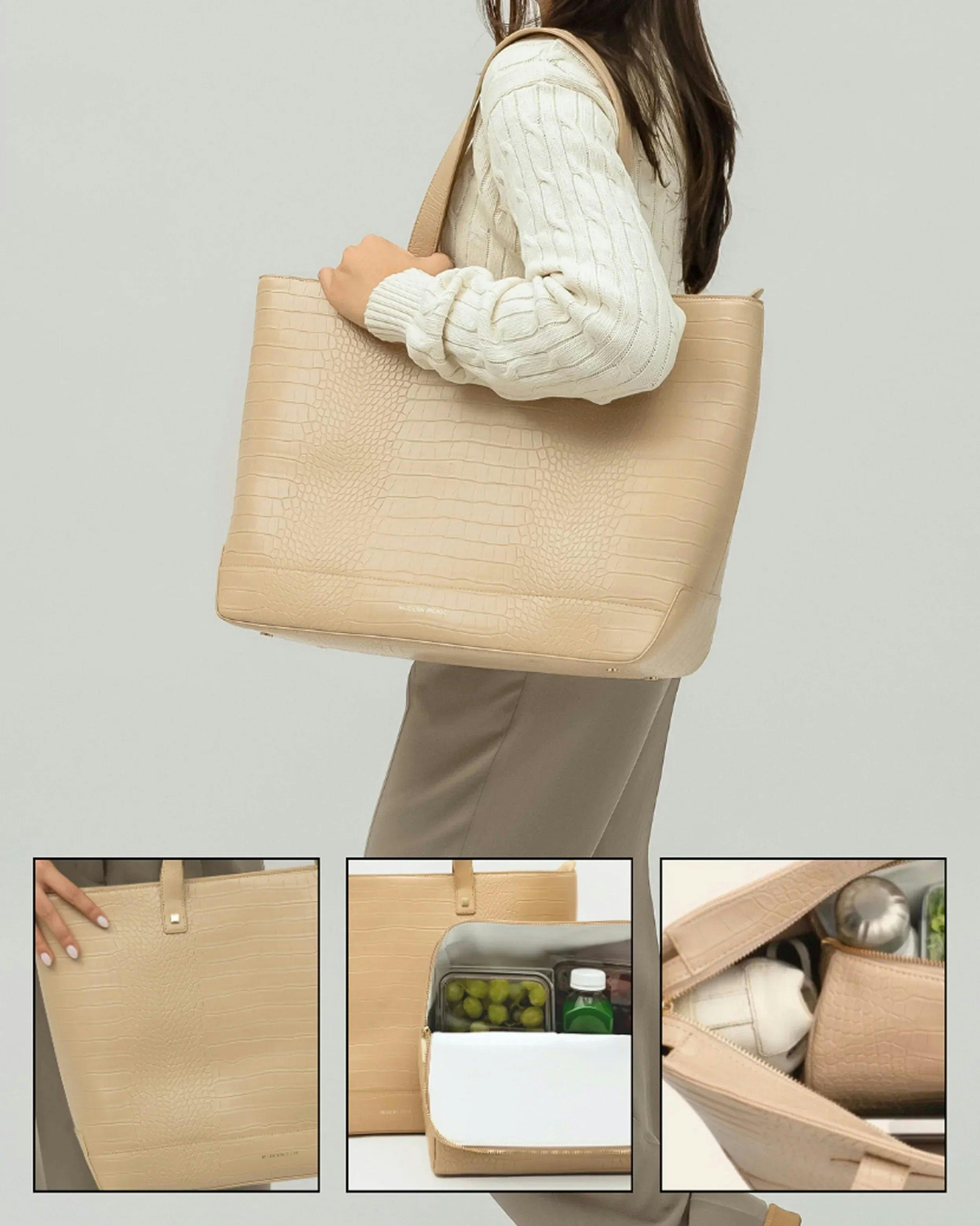 Vegan Leather Work Tote Bag with Removable Insulated Pouch, Cream Croc