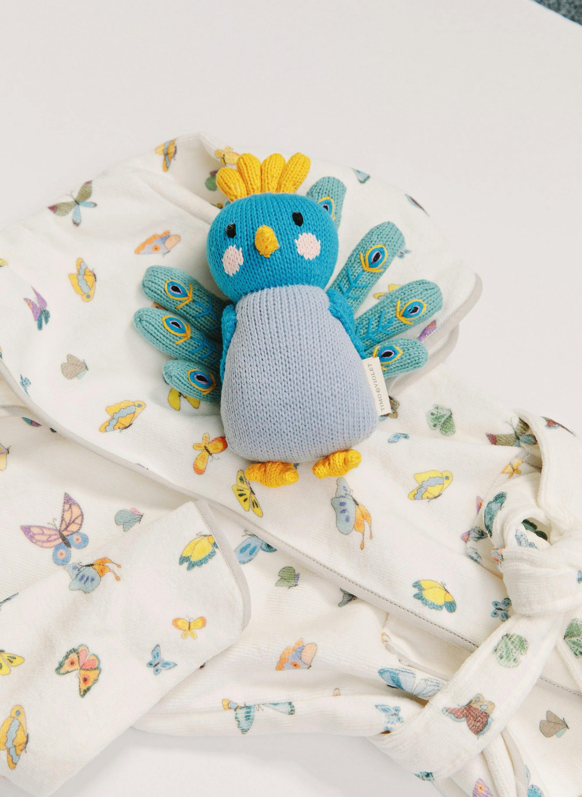 Organic Children’s Bathrobe – Madame Butterfly and Violet the Peacock - Knit Doll