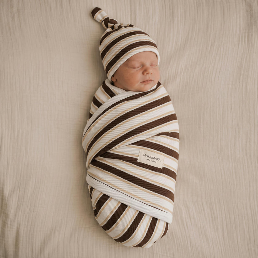 Organic Swaddle Blanket & Hat Set - Cocoa Stripe