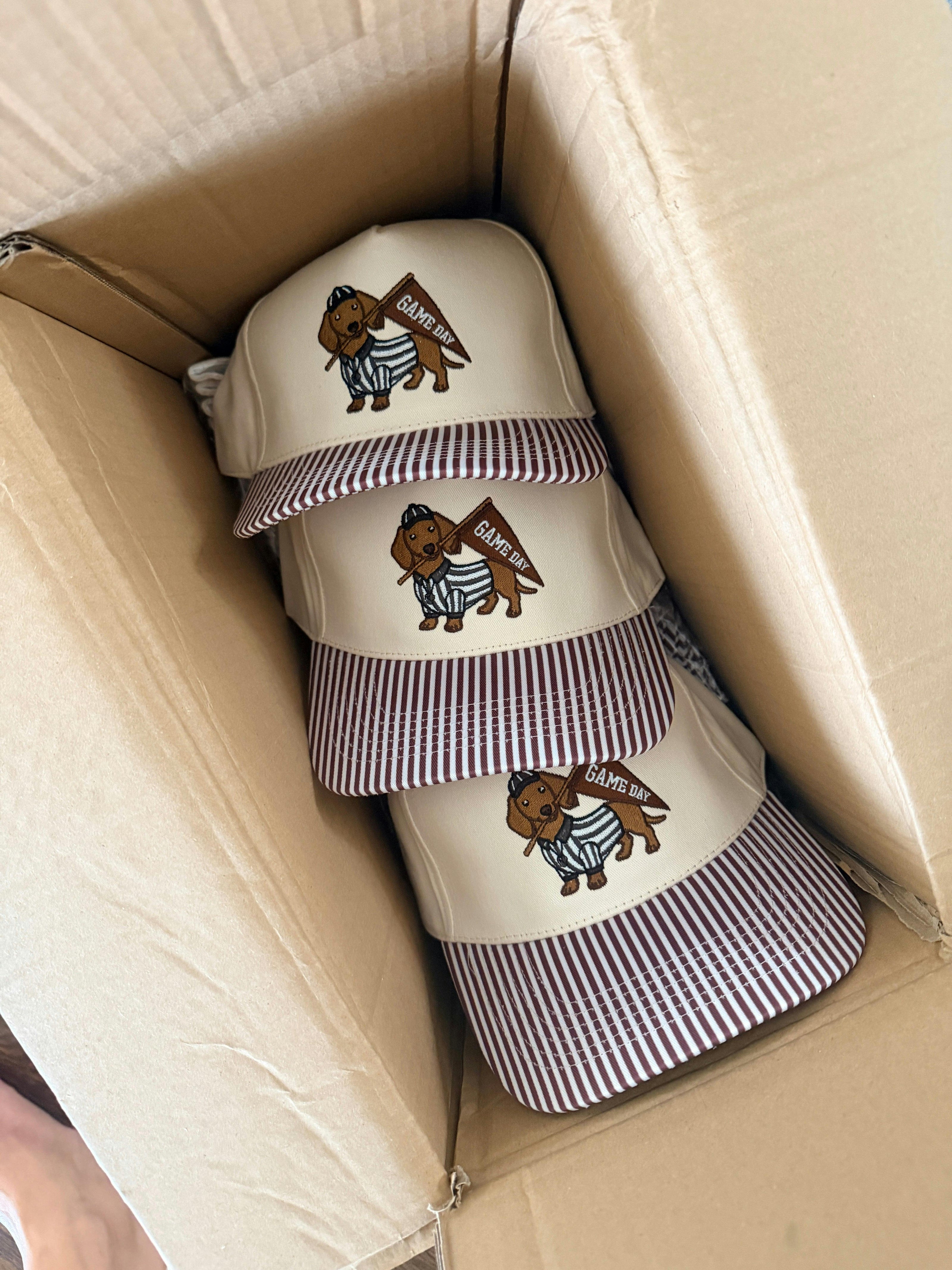 Game Day Dachshund Embroidered Hat, Brown Stripes