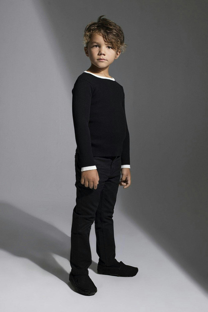 Boy Knit Contrast Piped Round Neck Long Sleeve Sweater