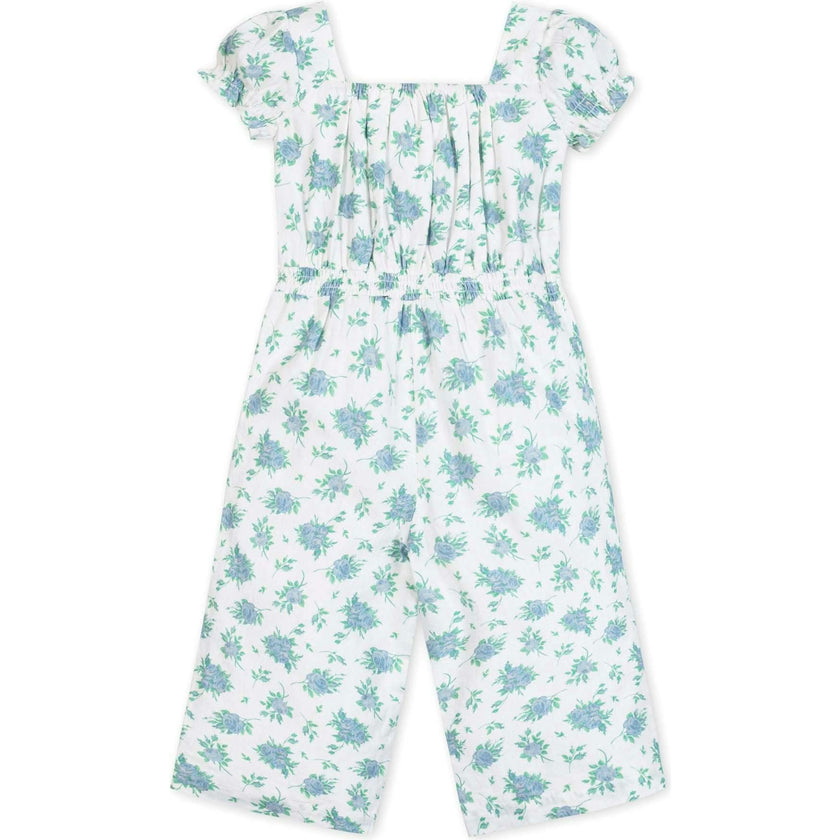 Linen Puff Sleeve Smocked Waist Jumpsuit, Blue