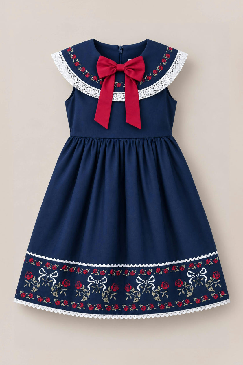 Mini Aster Dress in Sapphire Rosette Embroidery