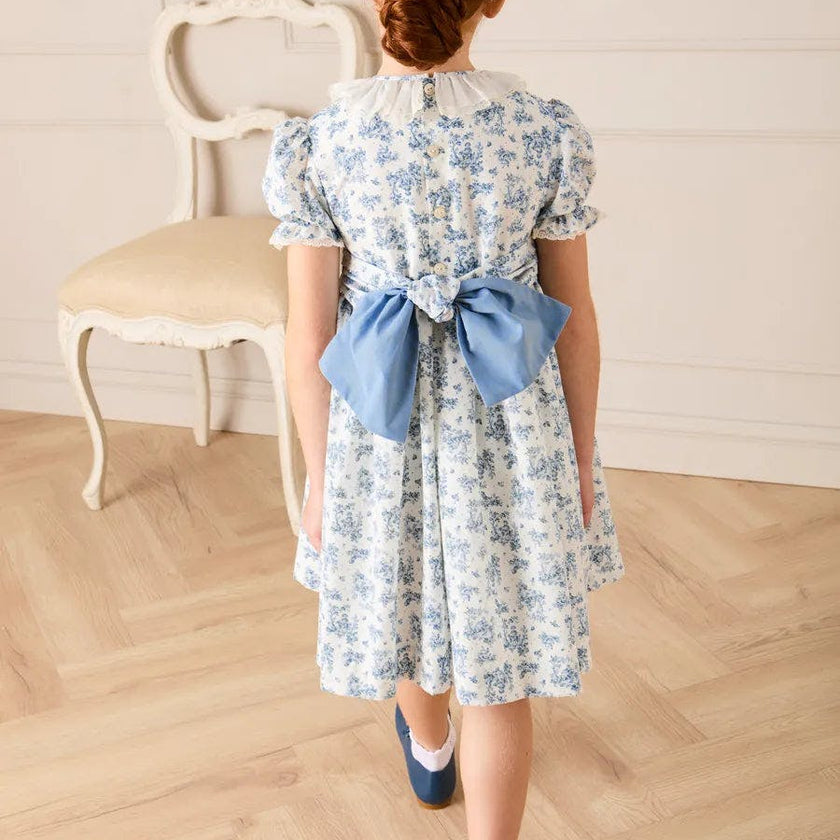 Audrey Toile Hand Smocked Ruffle Collar Short Sleeve Dress in Blue (12mths- 10yrs)