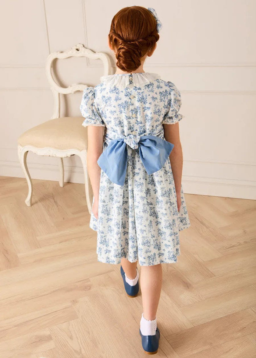 Audrey Toile Hand Smocked Ruffle Collar Short Sleeve Dress in Blue (12mths- 10yrs)