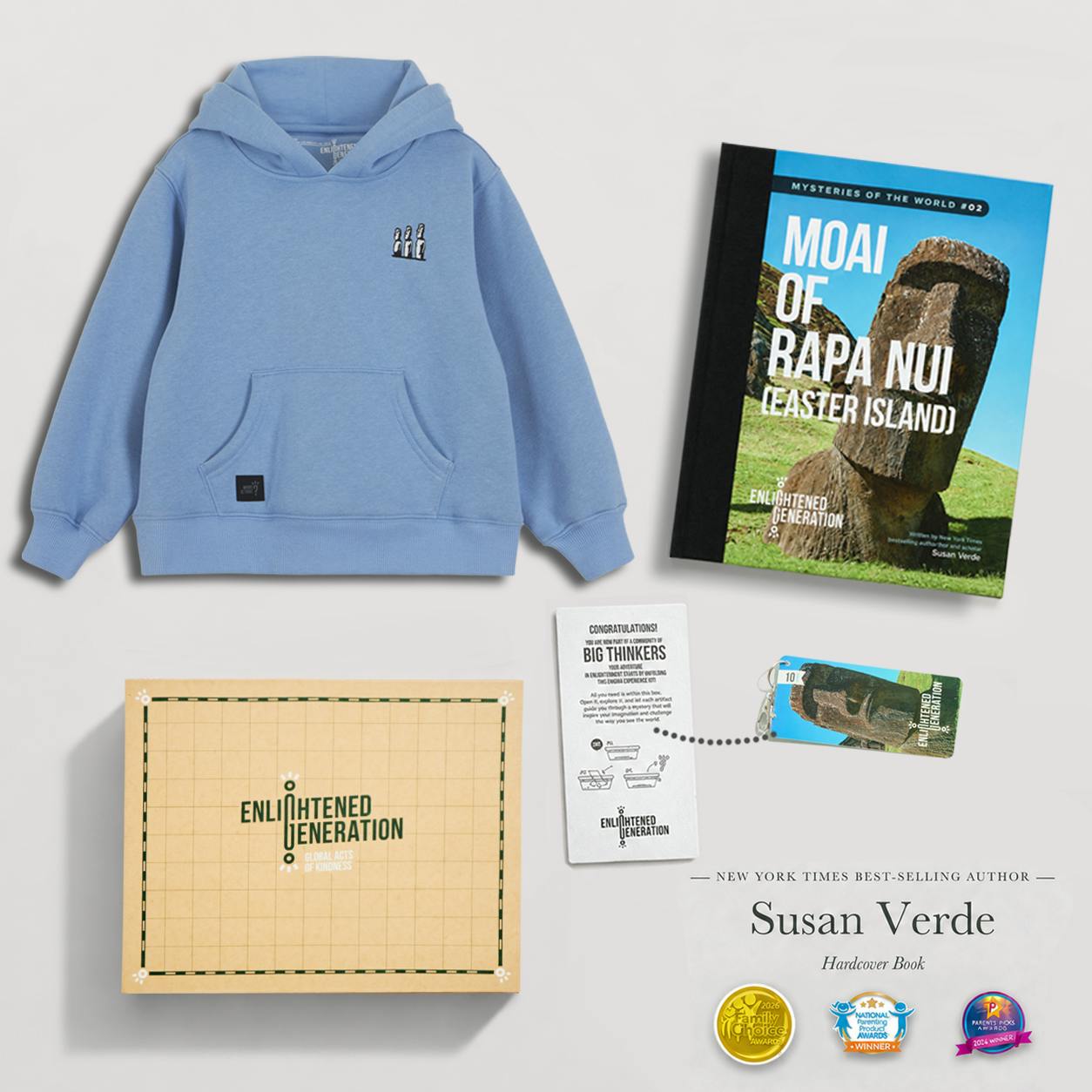 Moai Ancient Wonders Gift Box with Embroidered Kids Hoodie, Book, and Activities