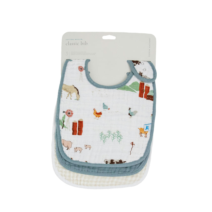 Cotton Muslin Classic Bib 3 Pack - Farmyard