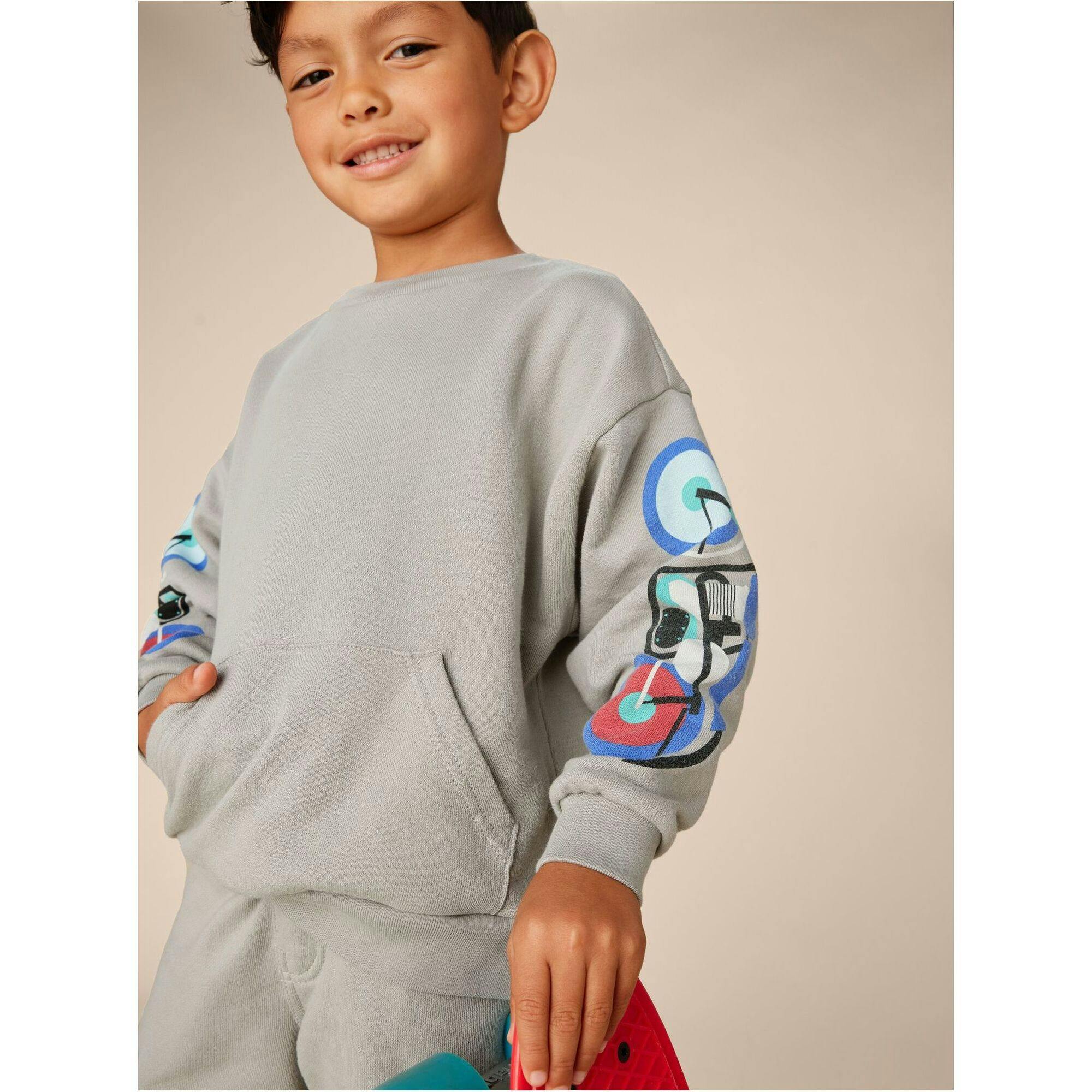 Motorbike Print Long Sleeve Kangaroo Pocket Popover, Grey