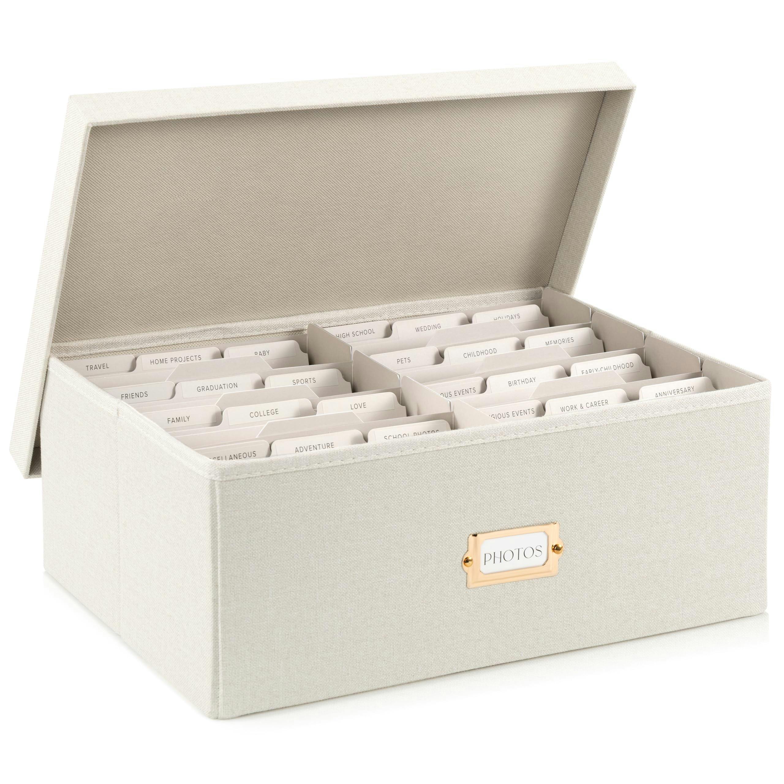 Decorative Photo Storage Box - Sturdy Linen Photo Organizer with Dividers - Stores Up to 850 4x6 Photos - Portable Scrapbook Storage Container with Lid