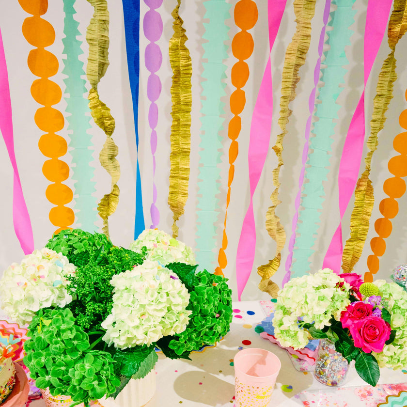 Packed Party Color Pop Streamer Party Backdrop Kit - 6 Colors of 72-Inch Crepe Paper Rolls with 60-Inch Gold Satin Ribbon for Photo Walls and Cake Tables