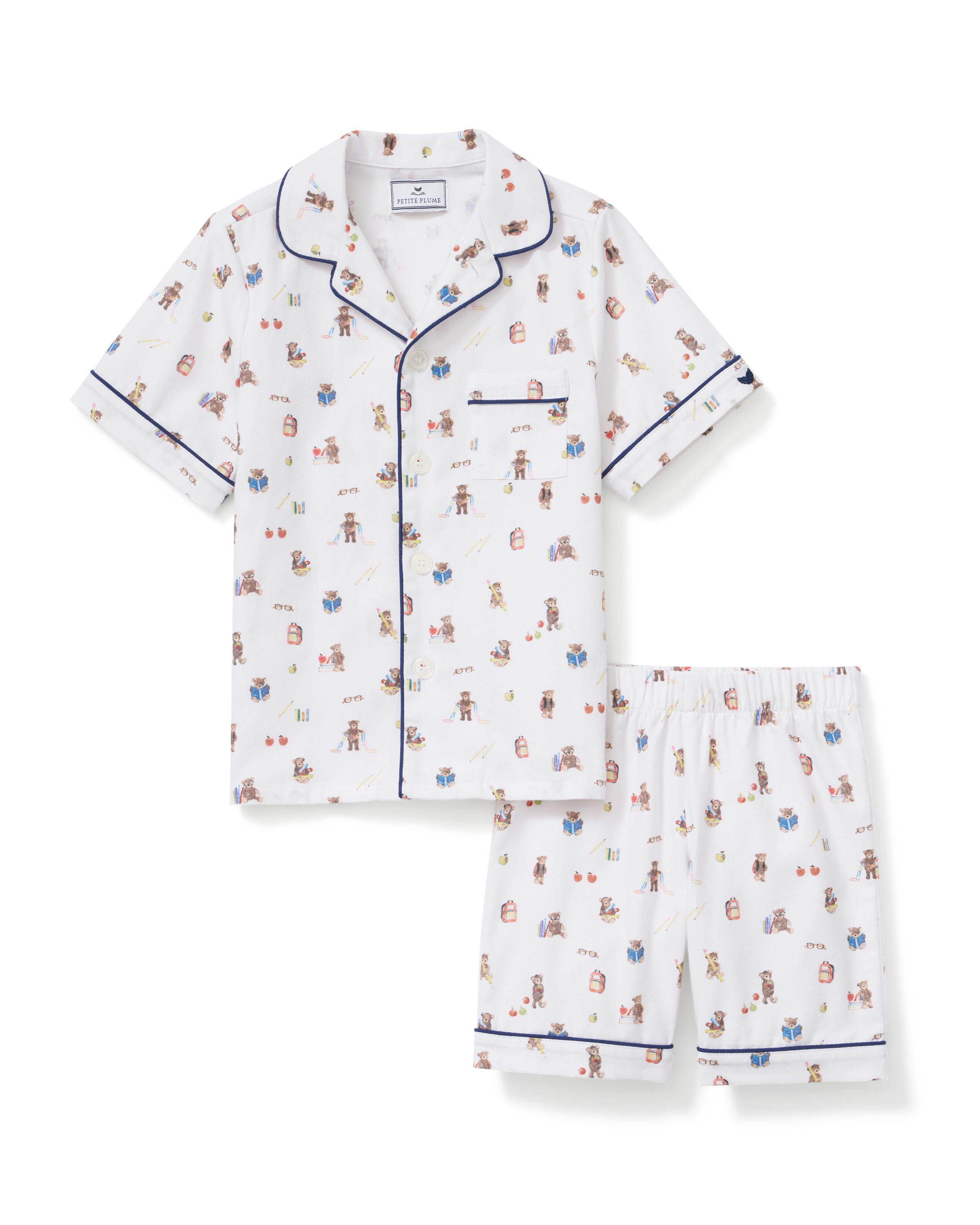 Kid's Twill Pajama Short Set in Teddy Goes To School