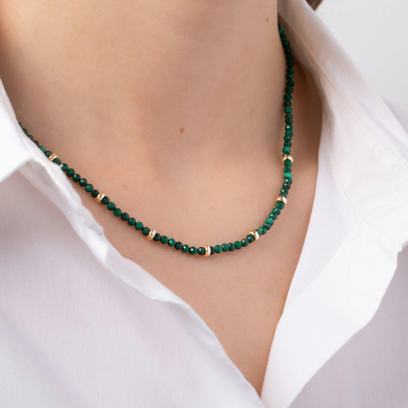 14K Gold Malachite Segment Bead Necklace