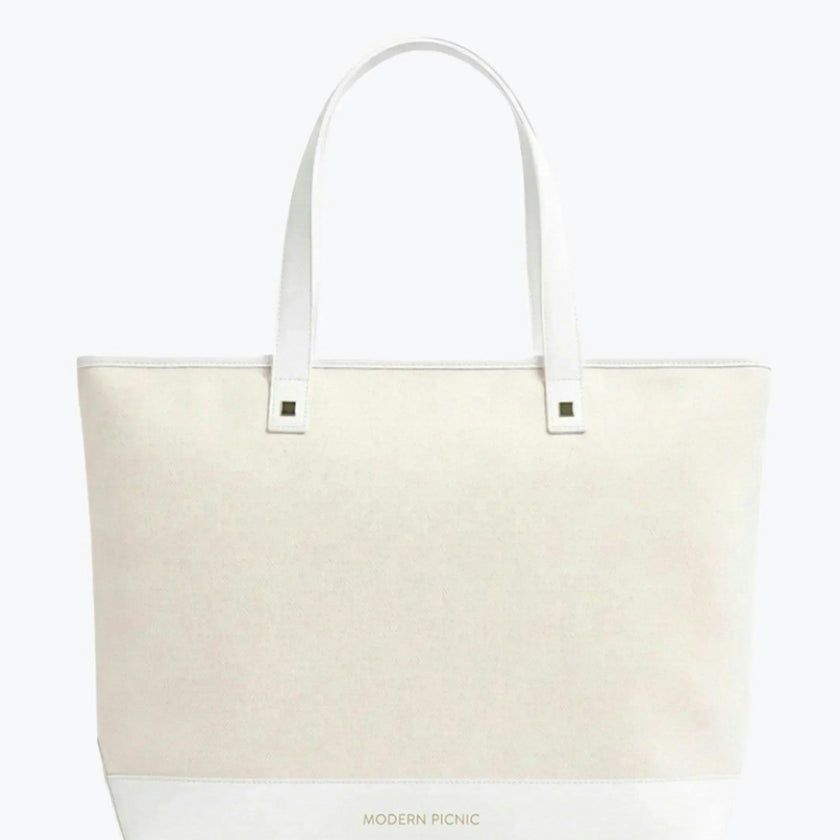 Vegan Leather Work Tote Bag with Removable Insulated Pouch, White Canvas
