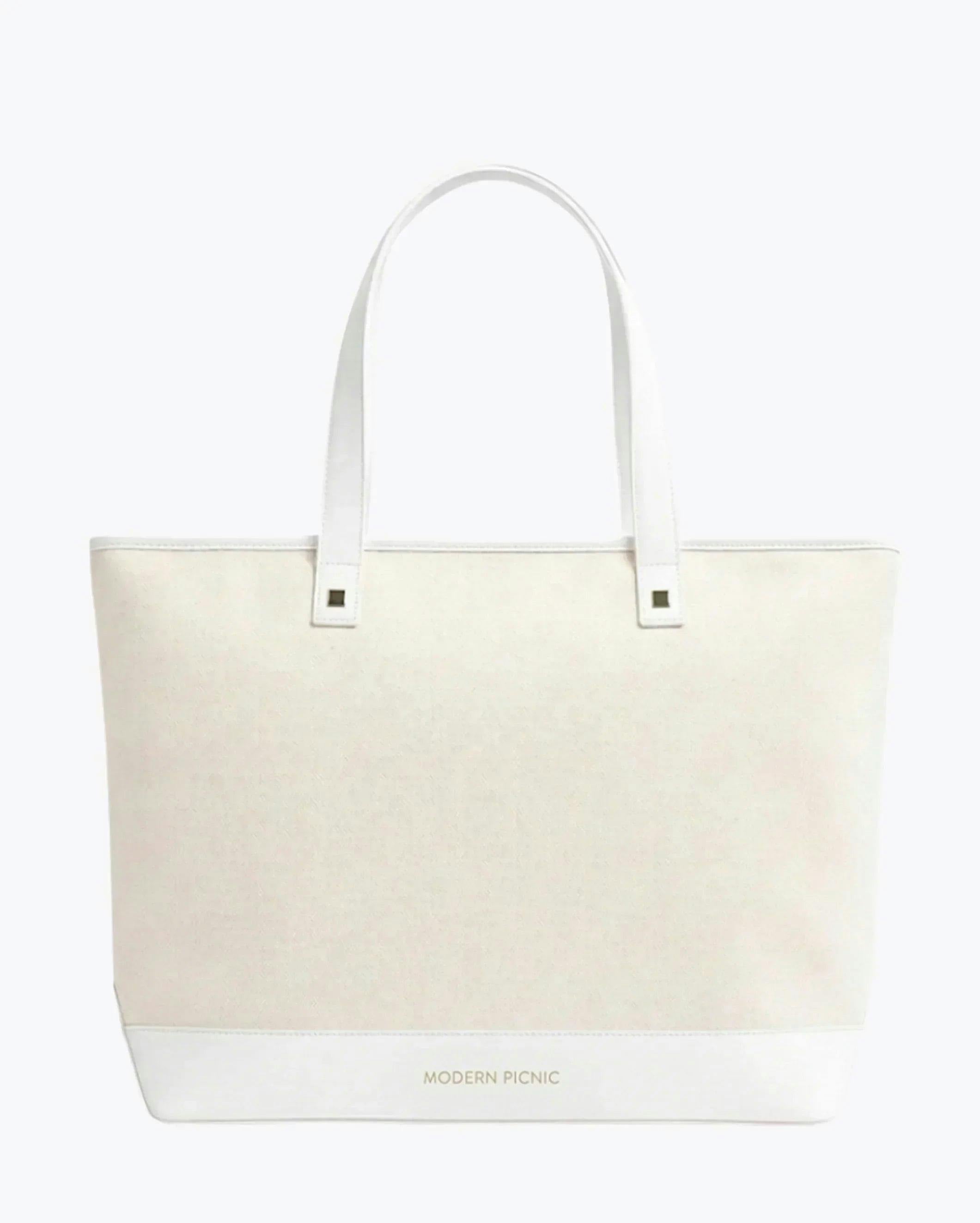 Vegan Leather Work Tote Bag with Removable Insulated Pouch, White Canvas
