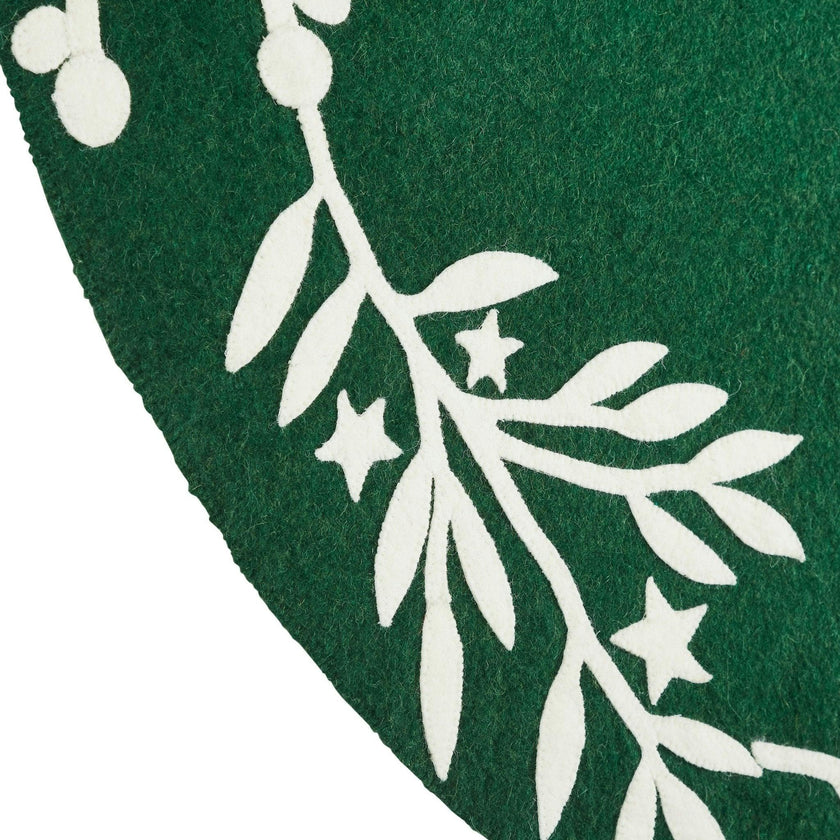 Handmade Felt Cream Branches and Stars Green Christmas Tree Skirt 60"