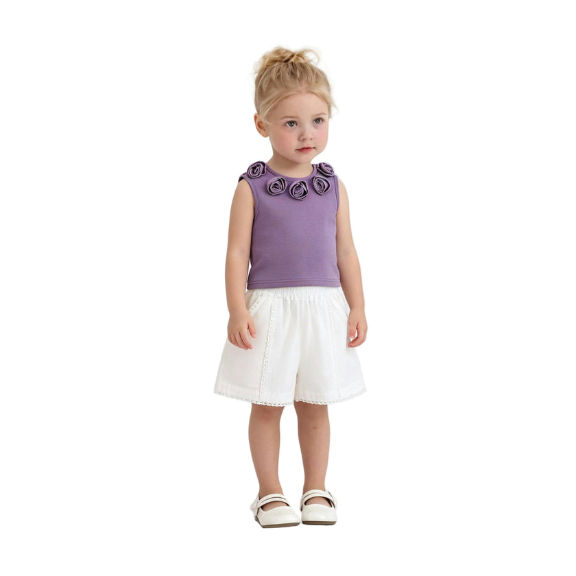 Purple Rosette Top and Lace-Trim Shorts Set