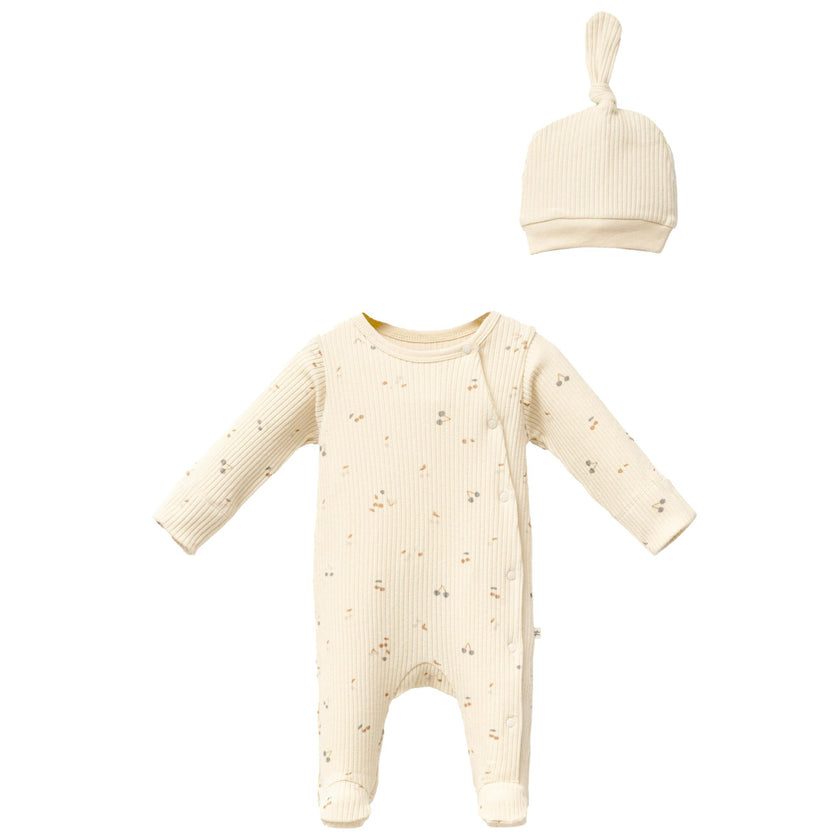 Cream Leaf Print Babygrow & Hat