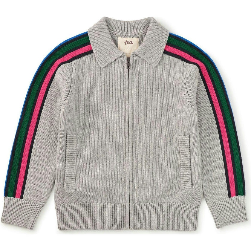 Stripe Sleeve Zip Sweater, Grey