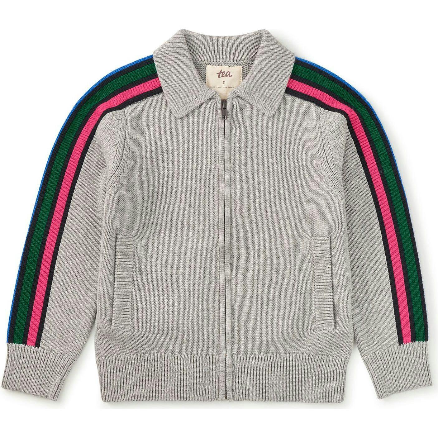Stripe Sleeve Zip Sweater, Grey