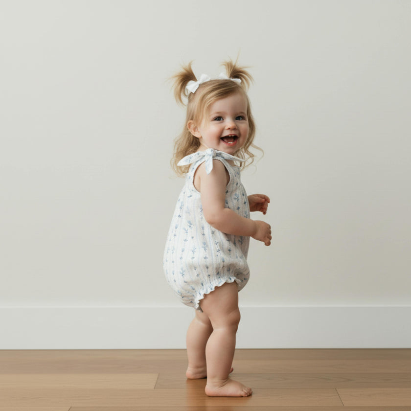 Organic  Tie Shoulder Bubble Romper - Blue Vines