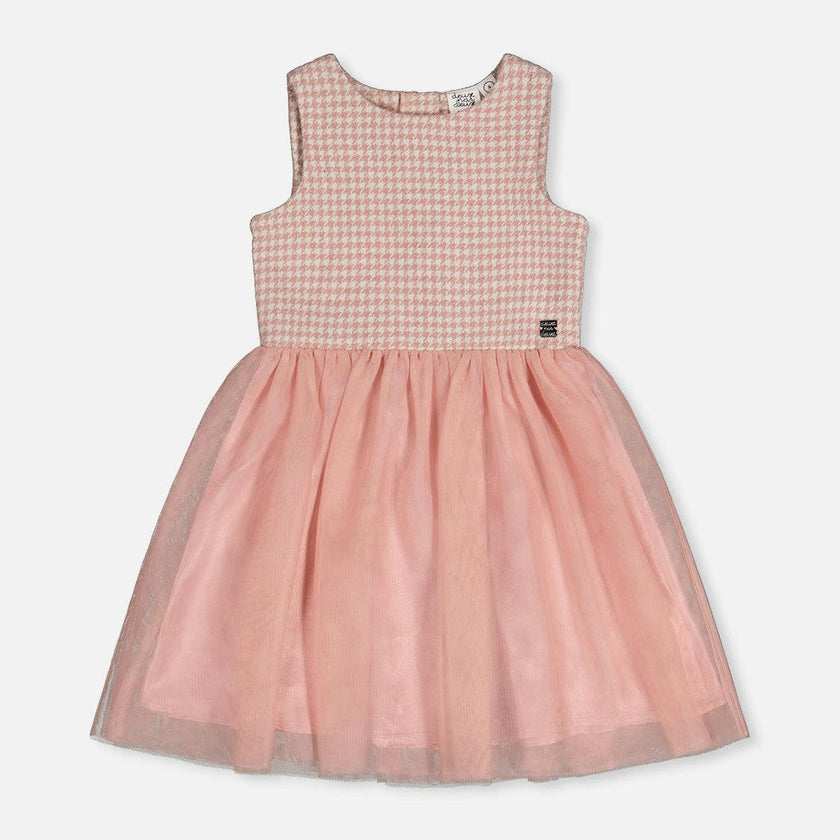Bi-Material Sleeveless Dress Pink Houndstooth