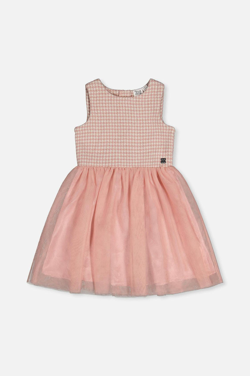 Bi-Material Sleeveless Dress Pink Houndstooth