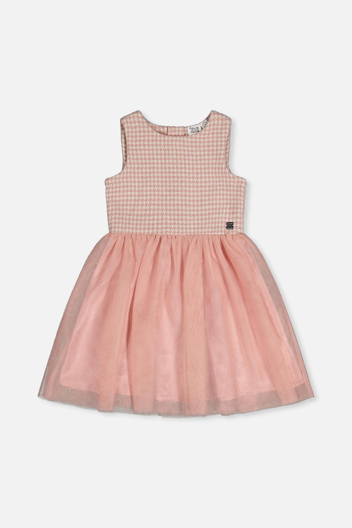Bi-Material Sleeveless Dress Pink Houndstooth