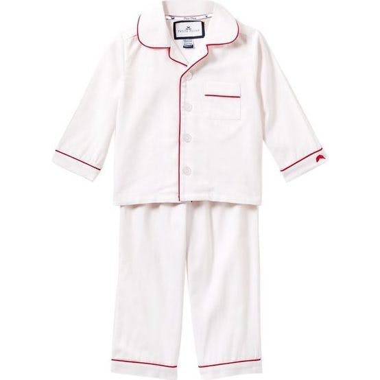 Kid's Twill Pajama Set in White with Red Piping