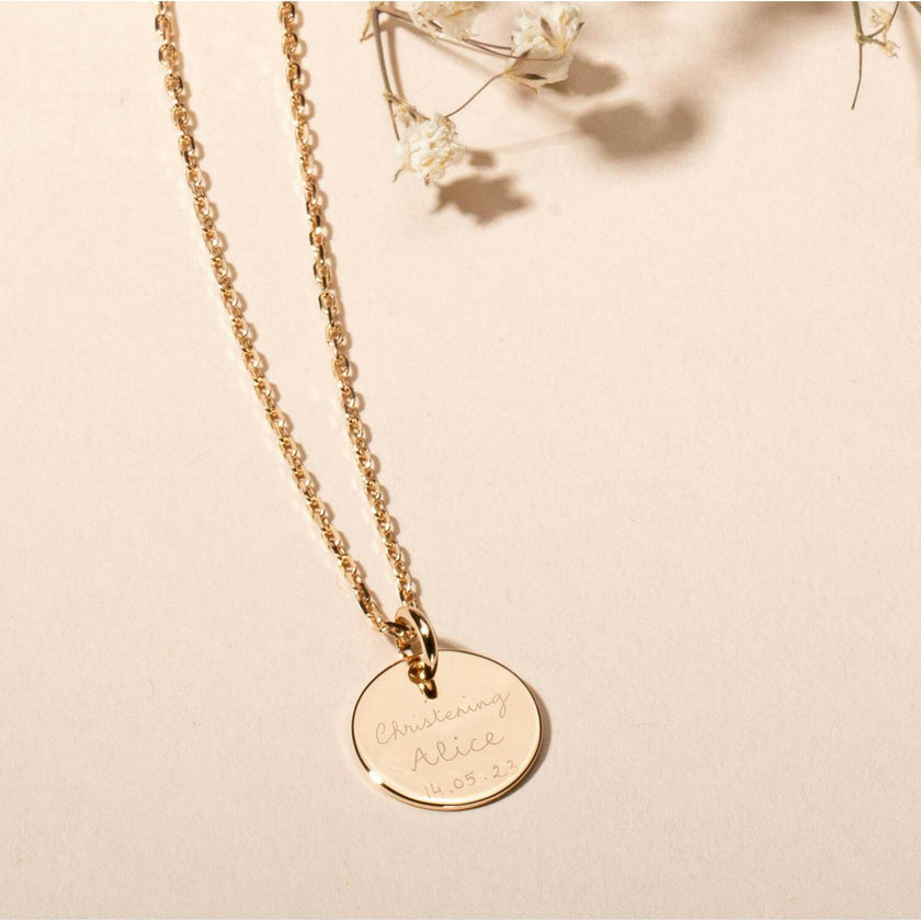 Personalized Christening Disc Necklace, 14k Gold Plated