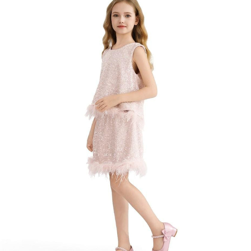 Peach Sequin Feather-Trim Set