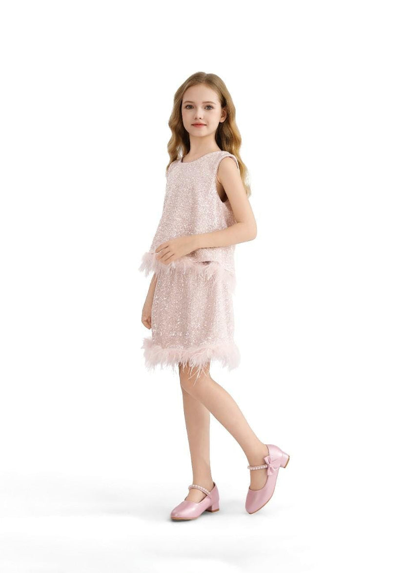 Peach Sequin Feather-Trim Set